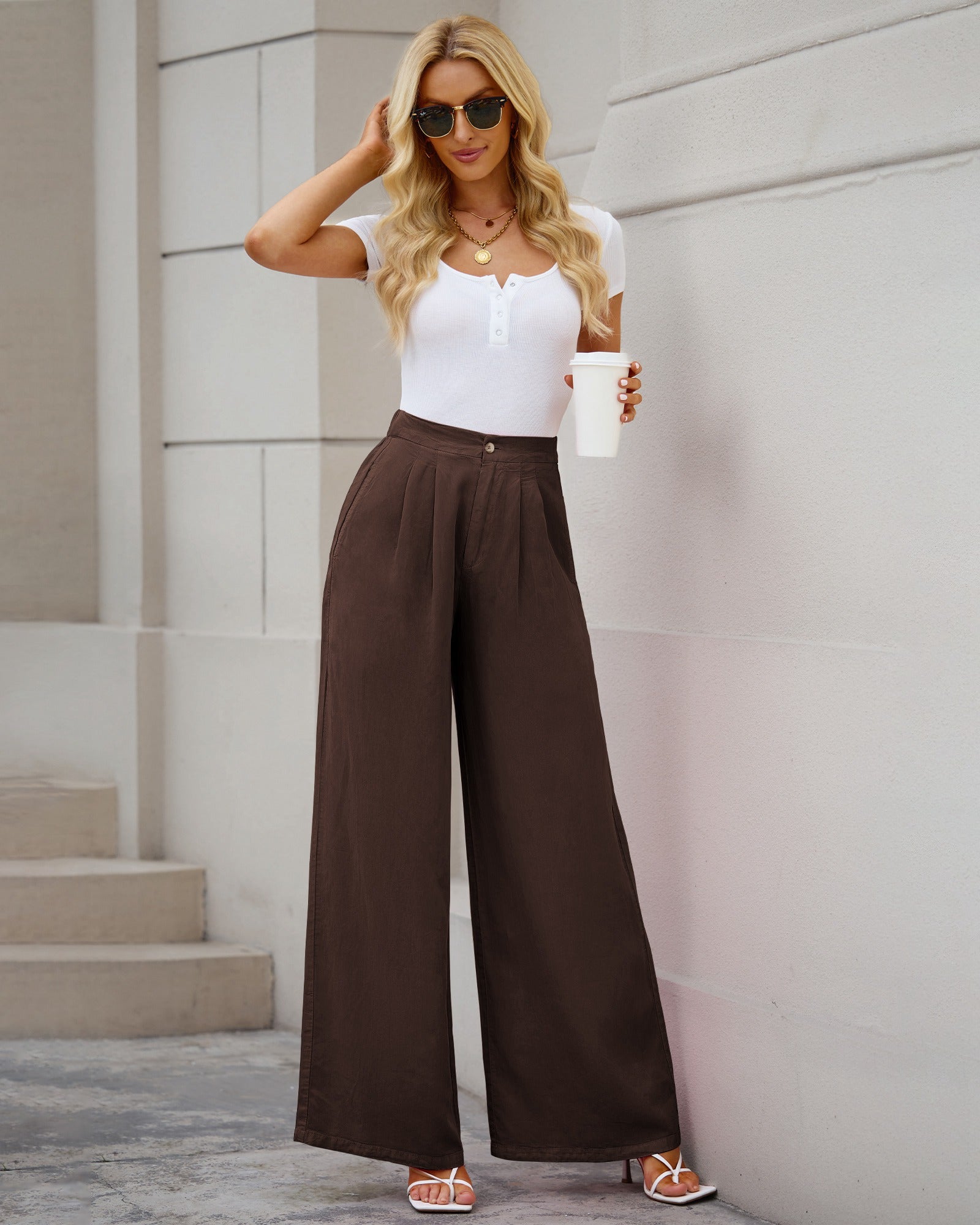 High Waisted Flowy Pants for Women Trendy Wide Leg Baggy Beach Palazzo  Pants Stretchy Drawstring Pants with Pockets
