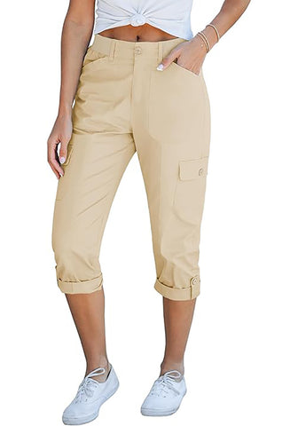 GRAPENT Cargo Capri Pants for Women High Waisted Relaxed Fit Elastic Knit Waist Casual Capris Trousers Cropped Pants