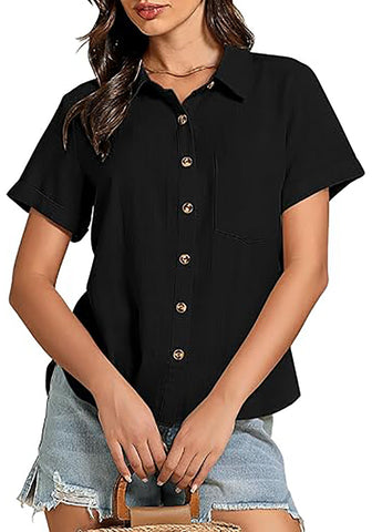 GRAPENT Women's Casual Lapel Blouse Top Front Button Short Sleeve Shirt