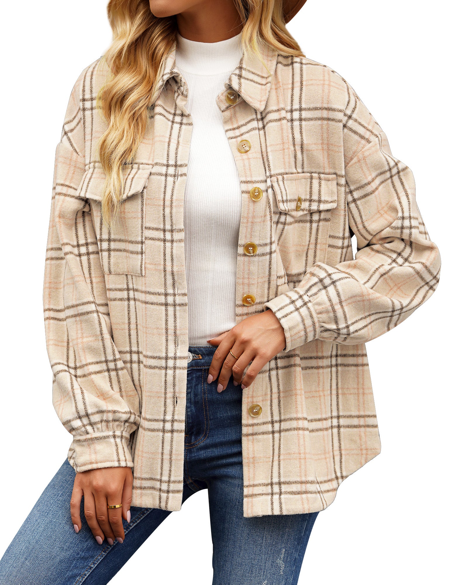 Womens Flannel Plaid Cropped Jacket Long Sleeve Button Down Chest Pocketed Shirts  Coats Shacket 