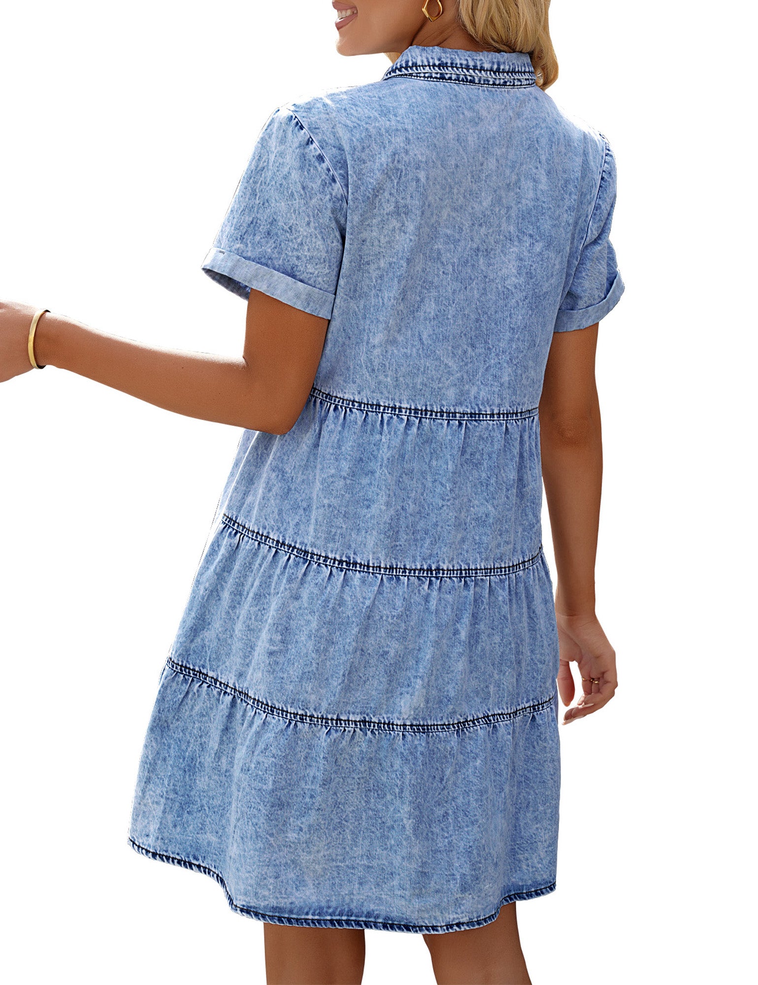 GRAPENT Denim Dress for Women Babydoll Tiered Short Sleeve Button Down –  Grapent