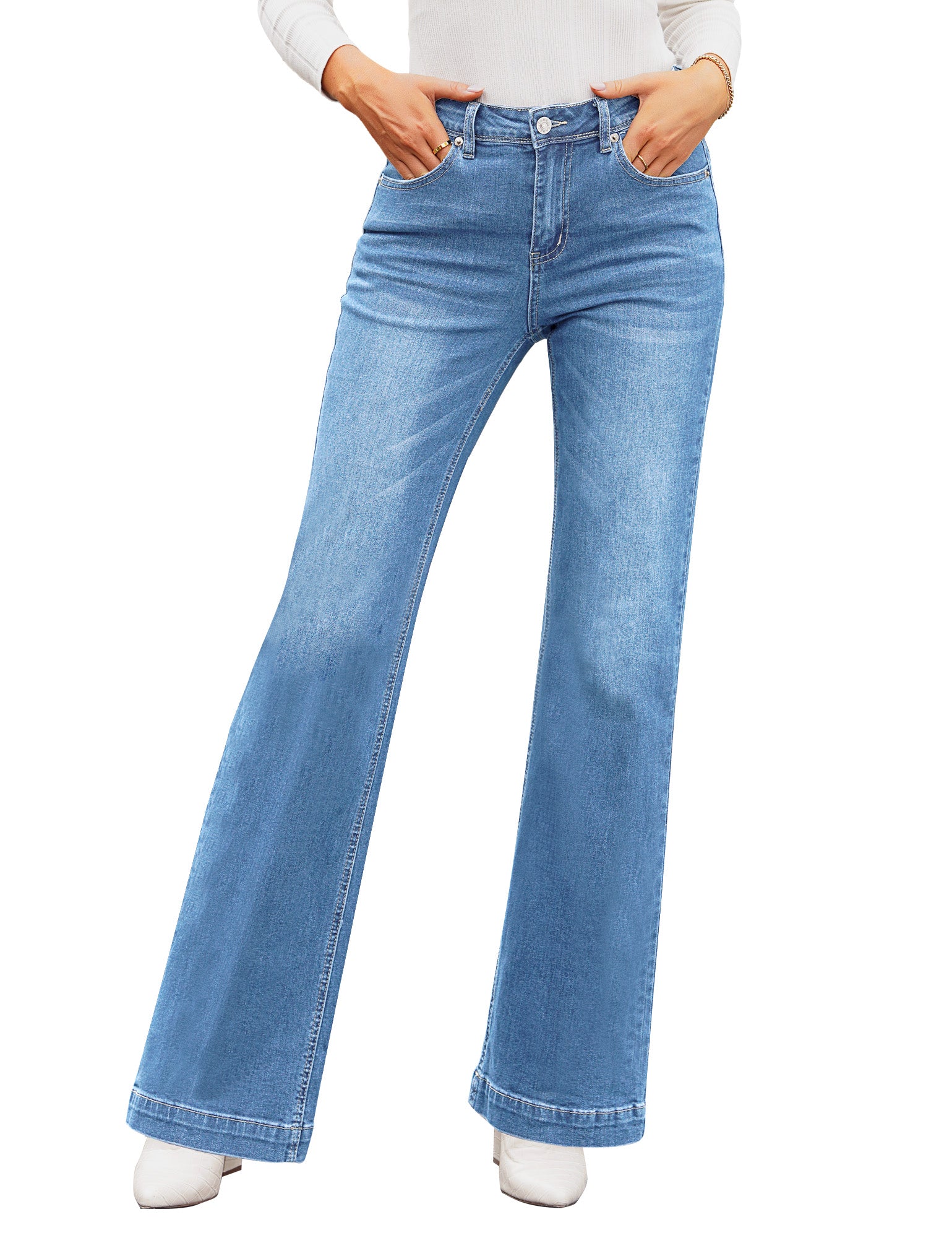Retro Ripped Flared High Waist Wide Legs Loose Jeans Casual Slim Pants with  Pockets