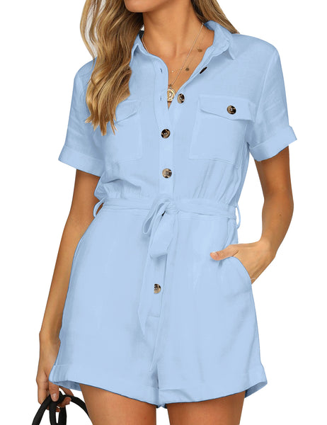 Women's Casual Short Sleeve Belted Overlay Keyhole Back Jumpsuits