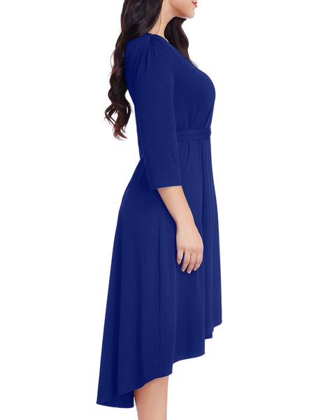 GRAPENT Women's Plus Size Solid V Neck Knee Length 3/4 Sleeve Hi Lo True  Wrap Dress Surplice Flared Skirt Navy Blue Size 0X at  Women's  Clothing store
