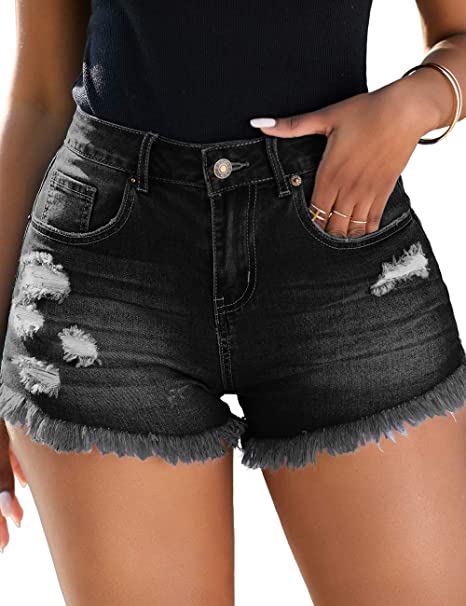 Women Distressed Stretchy Denim Shorts Ripped Mid Rise Hot Pants Clubwear
