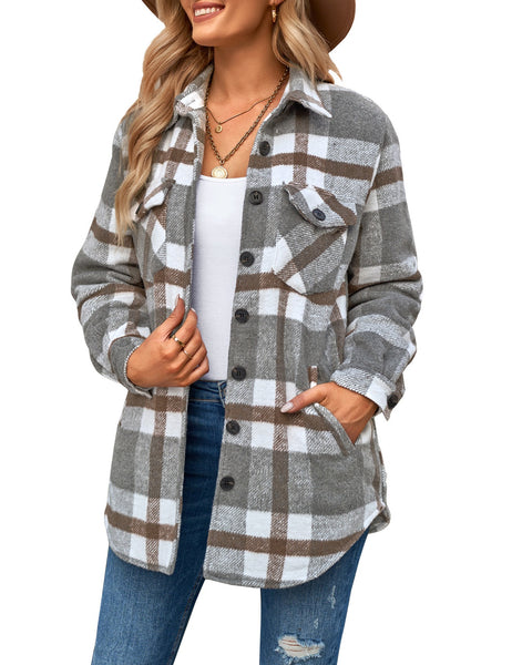 GRAPENT Women's Button Down Plaid Shacket Oversized Casual